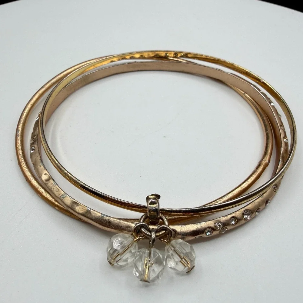 Gold Tone Triple Bangle Bracelet Clear Faceted Bead Dangle Rhinestone Stack Set